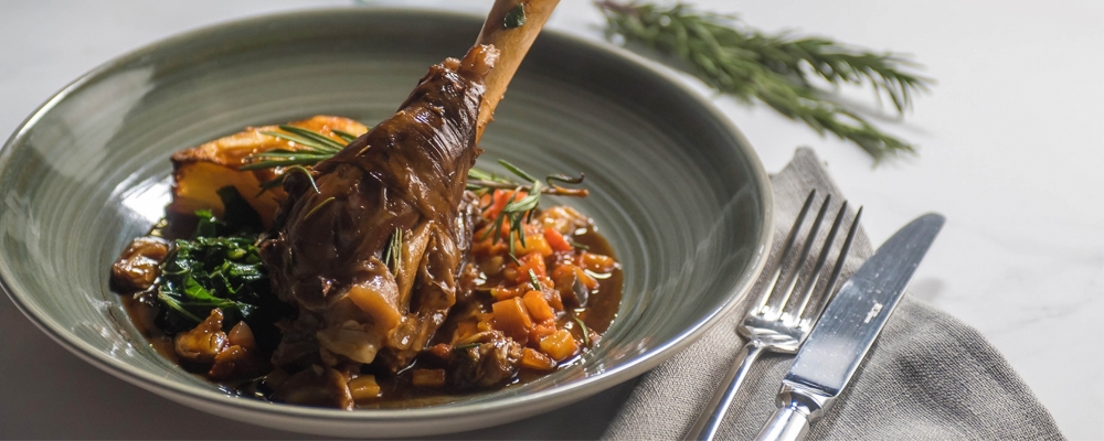 Braised Lamb Shank. Roast Garlic and Rosemary Jus