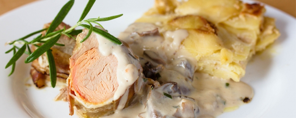 Tenderloin of Free Range Pork with a Wild Mushroom Madeira and Tarragon Cream
