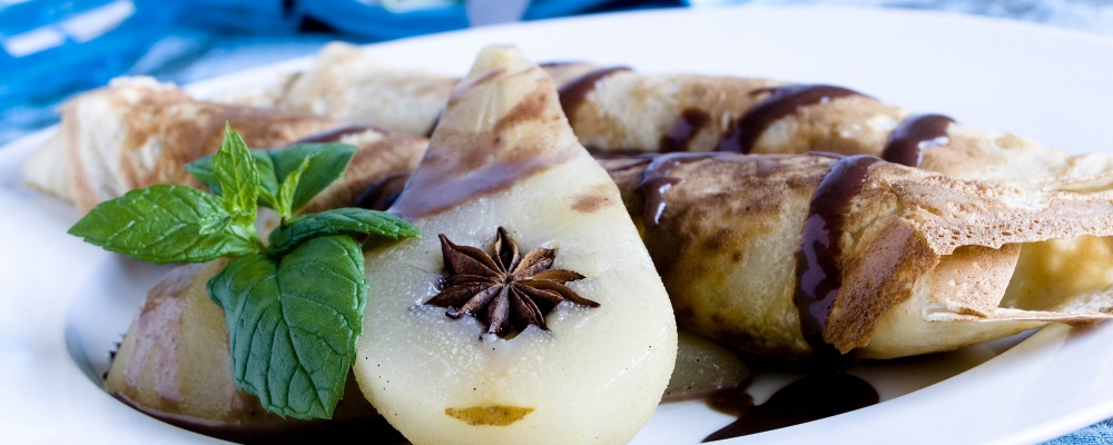 Socca pancakes with hot chocolate mousse and roasted pears