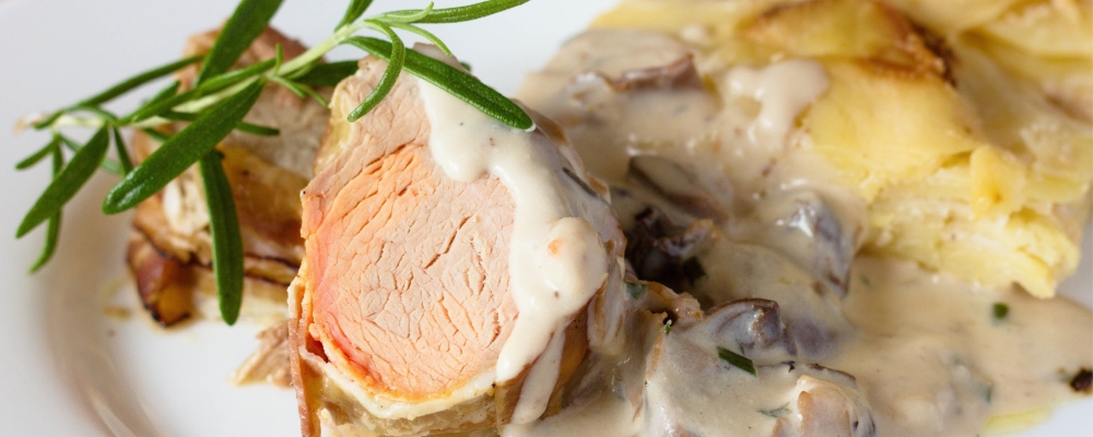 Tenderloin of Free Range Pork with a Wild Mushroom Madeira and Tarragon Cream