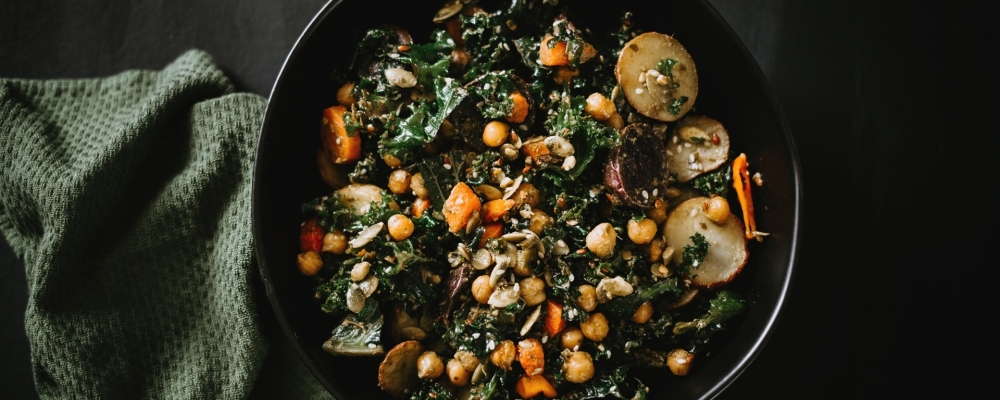 New potato kale and feta salad with avocado