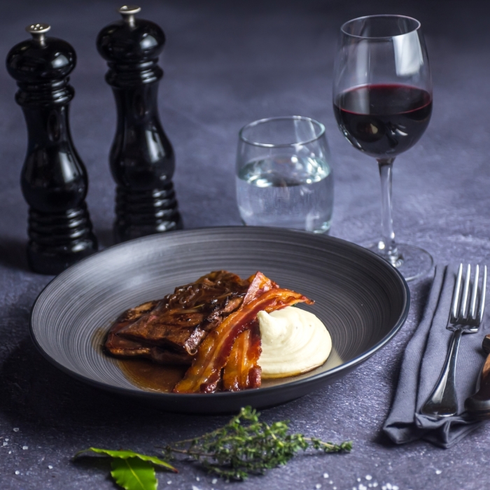 Calves Liver with Crisp Pancetta and a Caramelised Red Onion Gravy