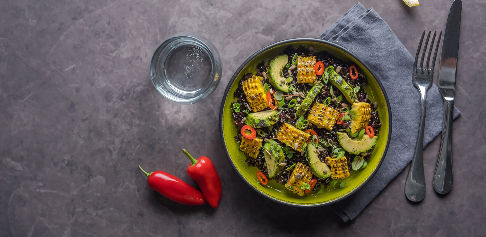 Nero Rice Salad with Chargrilled Corn, Avocado, Chilli, Lime and Spring Onions