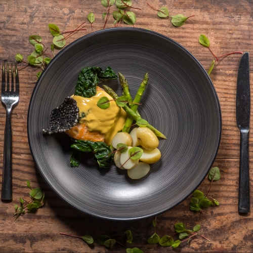 Poached Salmon with Asparagus, Jersey Royals and Hollandaise Sauce