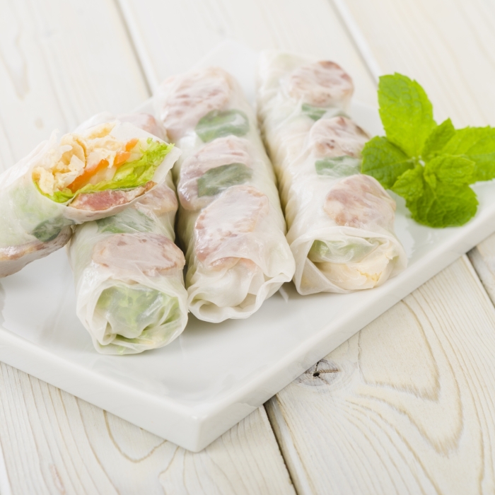 Polynesian Pork Belly Summer Rolls with Pickled Daikon and Pork Emulsion