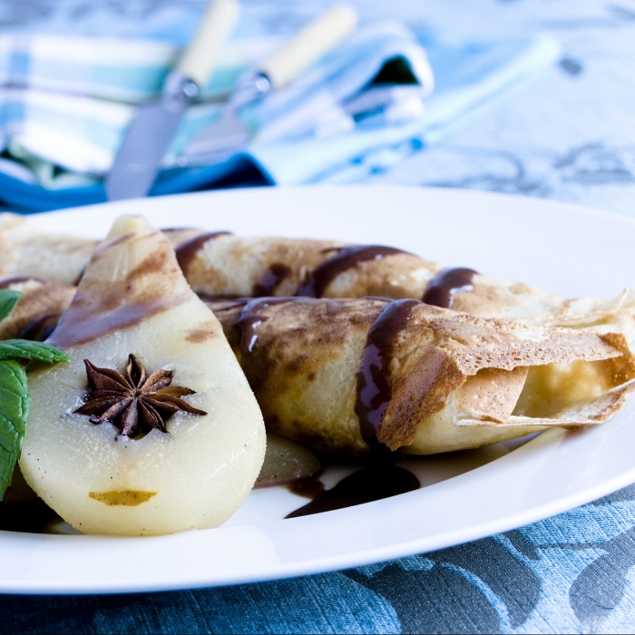Socca Pancakes with Hot Chocolate Mousse and Roasted Pears 
