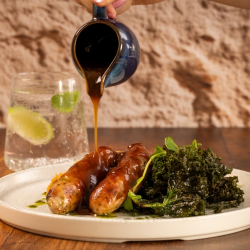 Turkey and Sage Sausages, with Sweet Potato Mash and Caramelised Onion Gravy