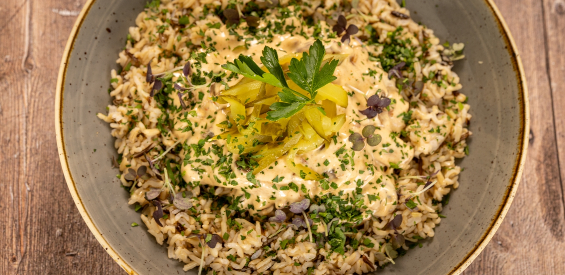 Turkey and Smoked Bacon Stroganov with Wild Rice