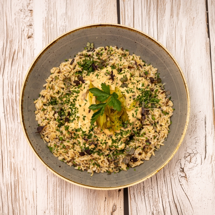 Turkey and Smoked Bacon Stroganov with Wild Rice