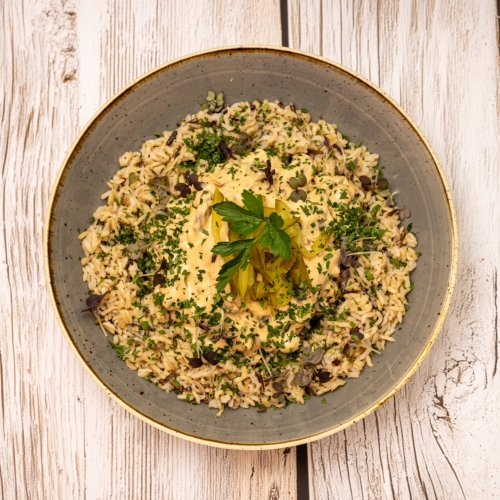 Turkey and Smoked Bacon Stroganov with Wild Rice